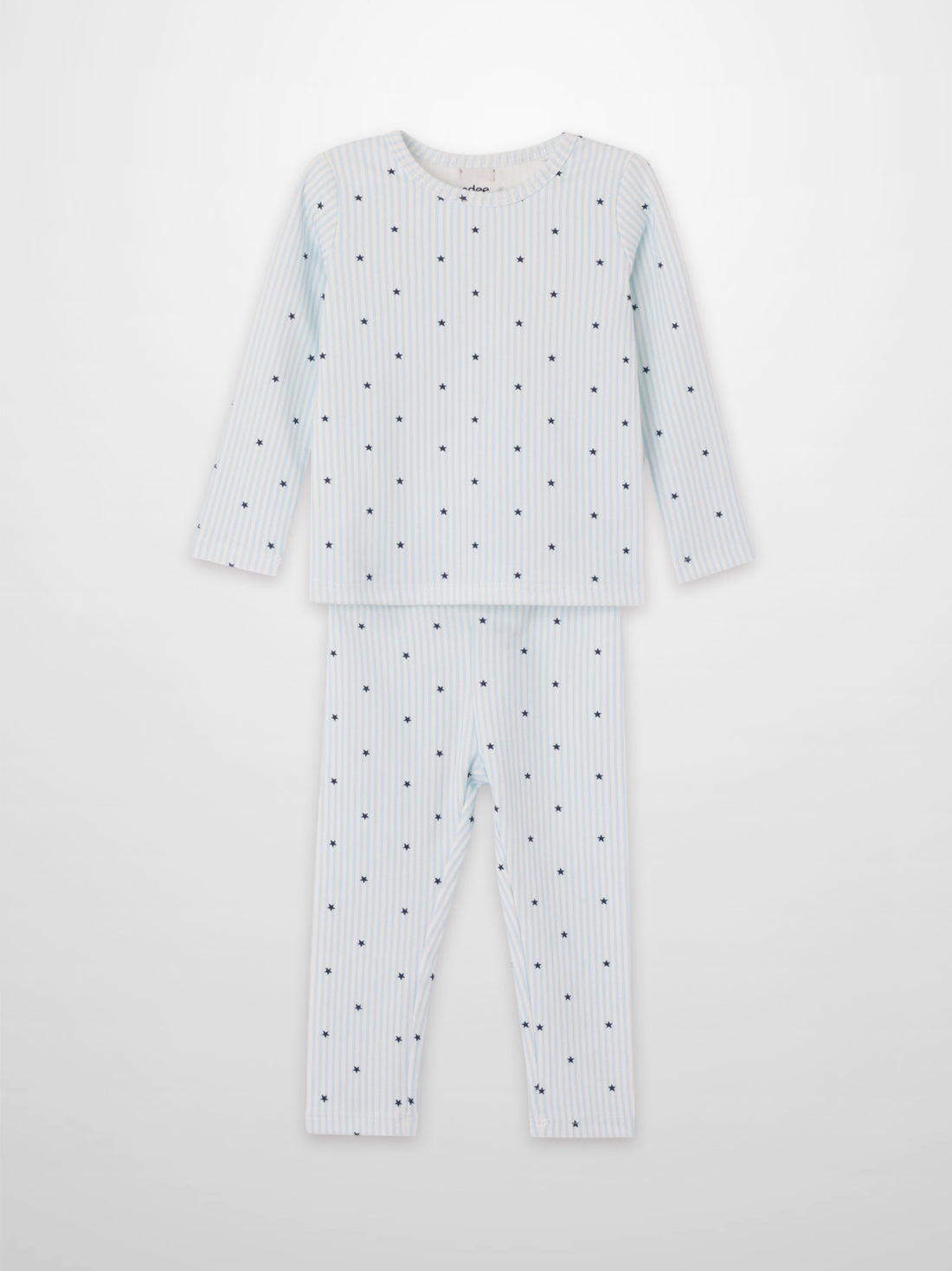 Blue Star Pajamas for boys by Adee; pale blue striped long-sleeve top and pants with dark blue stars