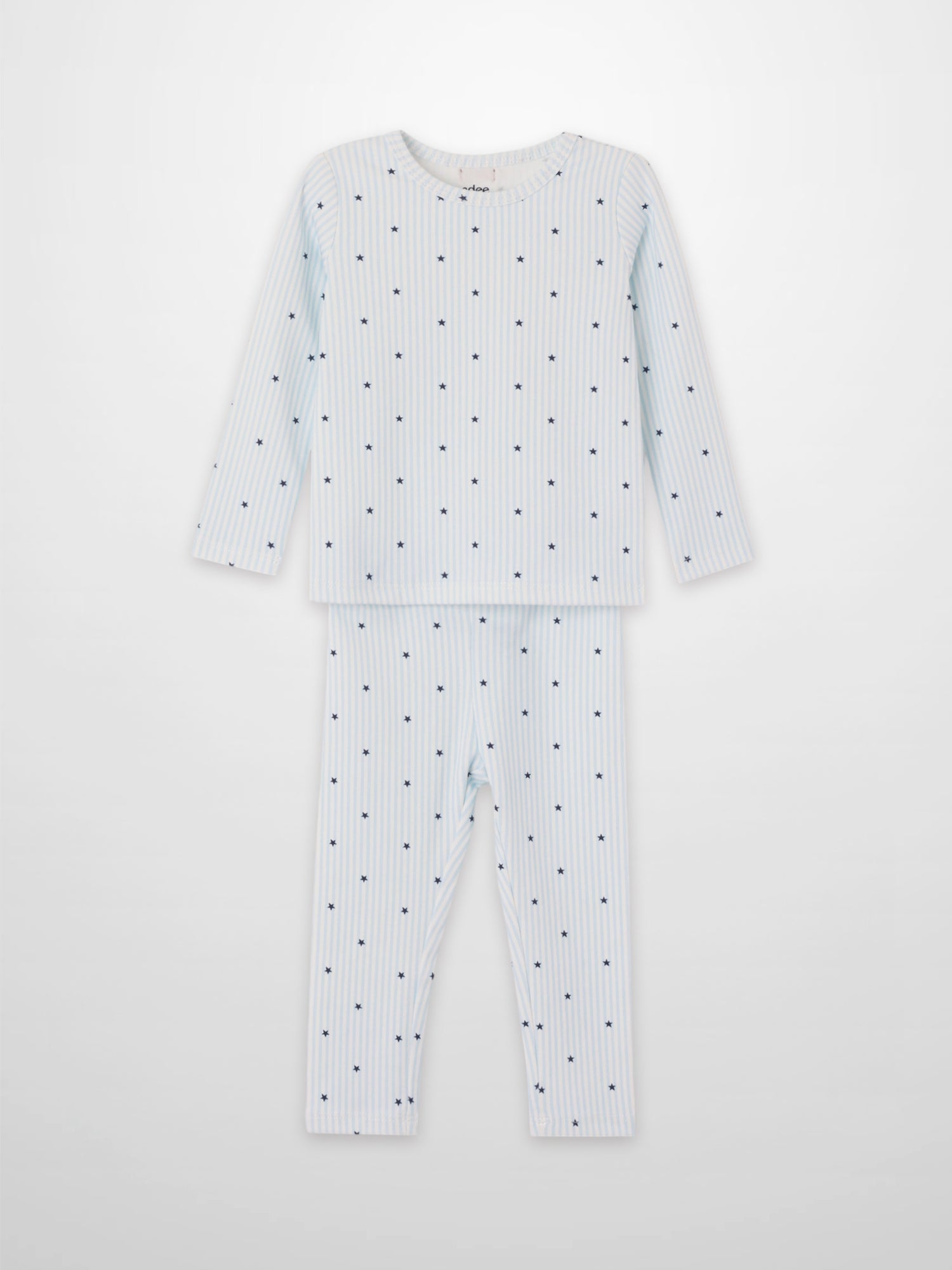 Blue Star Pajamas for boys by Adee; pale blue striped long-sleeve top and pants with dark blue stars
