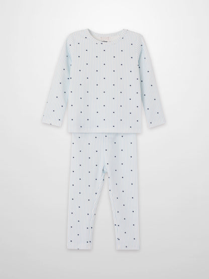 Blue Star Pajamas for boys by Adee; pale blue striped long-sleeve top and pants with dark blue stars