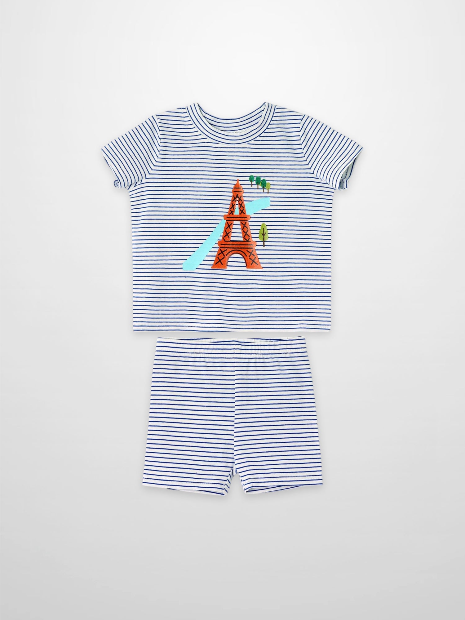 Eiffel Tower 2-piece shorts set for boys by Adee; navy and white striped tee with orange Eiffel Tower graphic