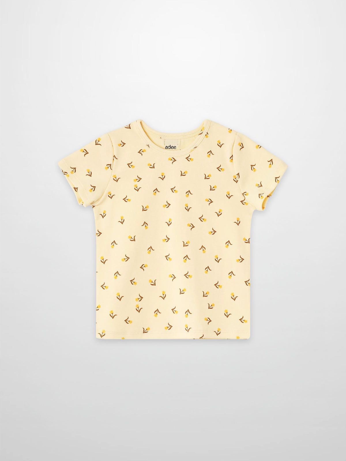 Butter Yellow Tulip T-Shirt for girls by Adee, short sleeves with small tulip print.