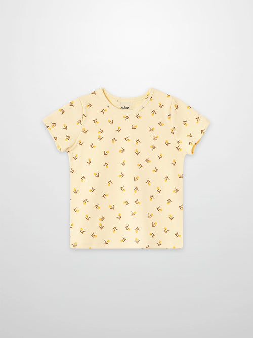 Butter Yellow Tulip T-Shirt for girls by Adee, short sleeves with small tulip print.