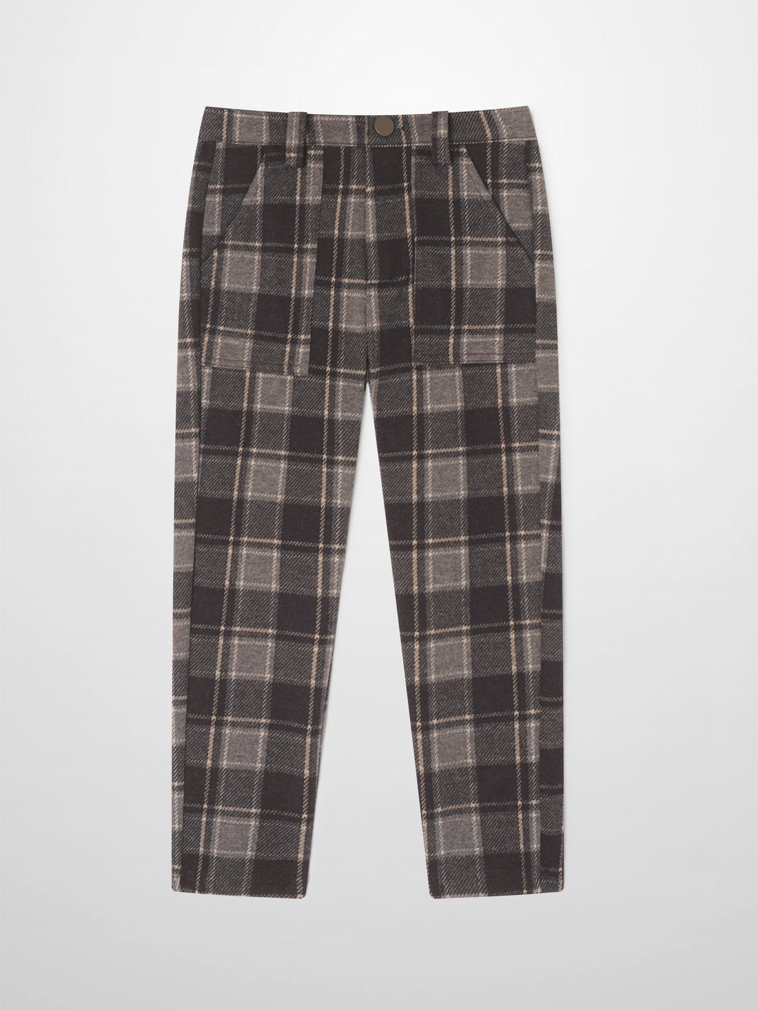 Adee boys plaid dress pants in brown and gray plaid with front pockets.