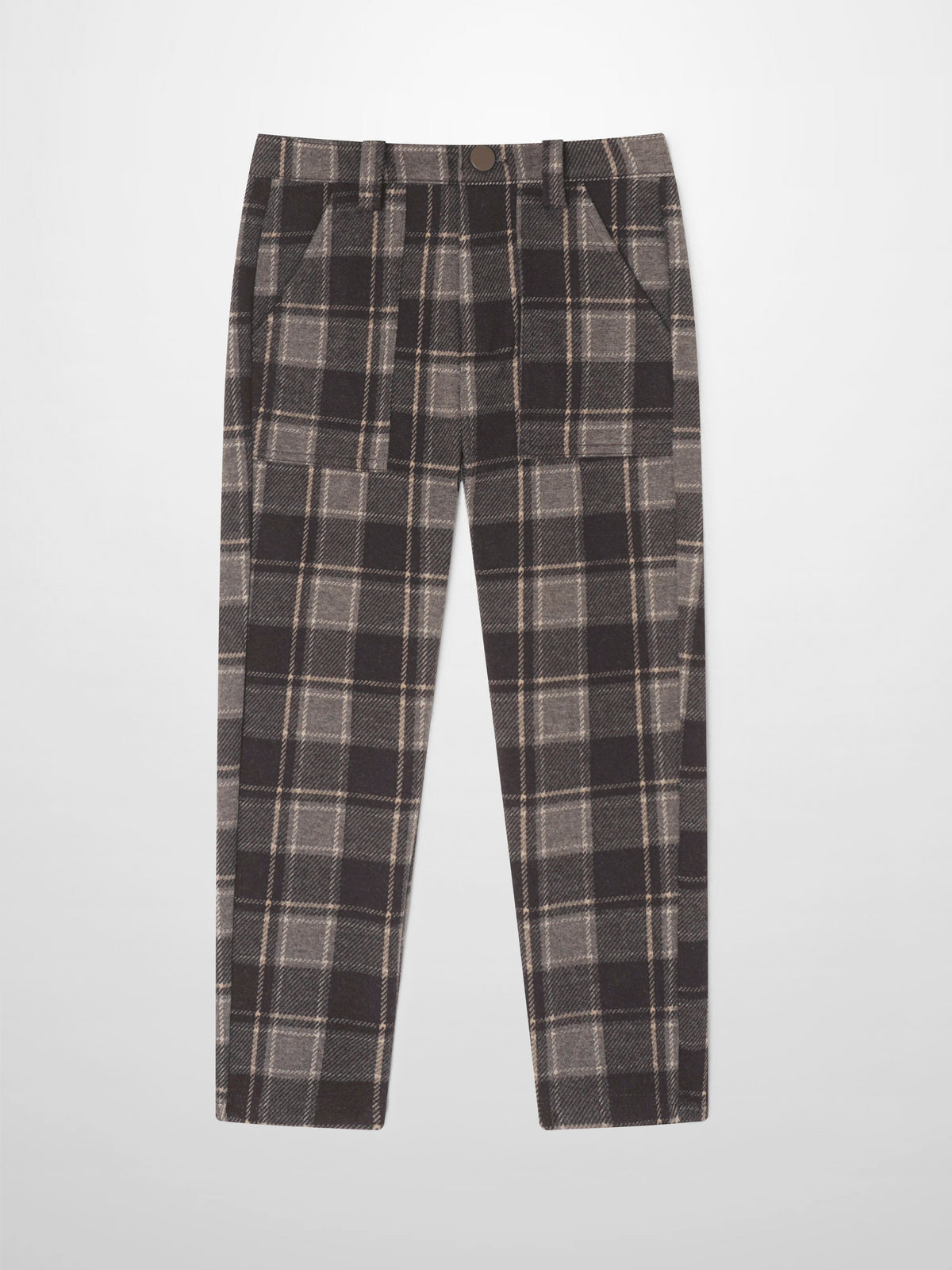 Adee boys plaid dress pants in brown and gray plaid with front pockets.