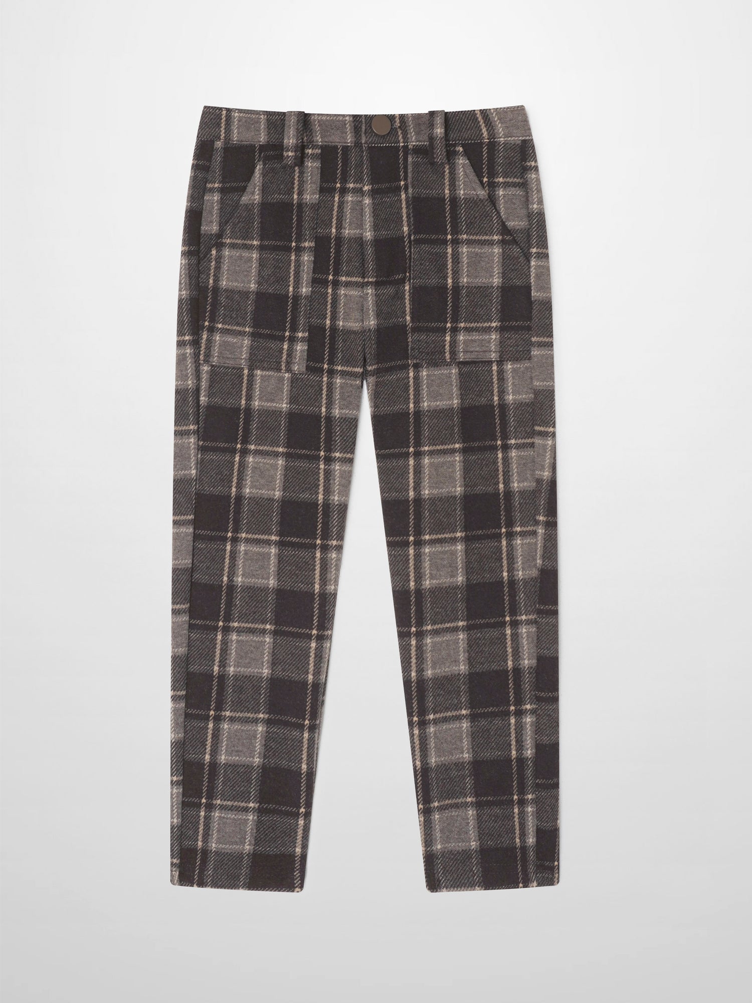 Adee boys plaid dress pants in brown and gray plaid with front pockets.
