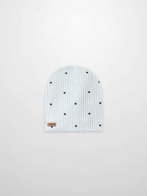 Blue Star Hat for boys by Adee, light blue and white striped with navy stars.