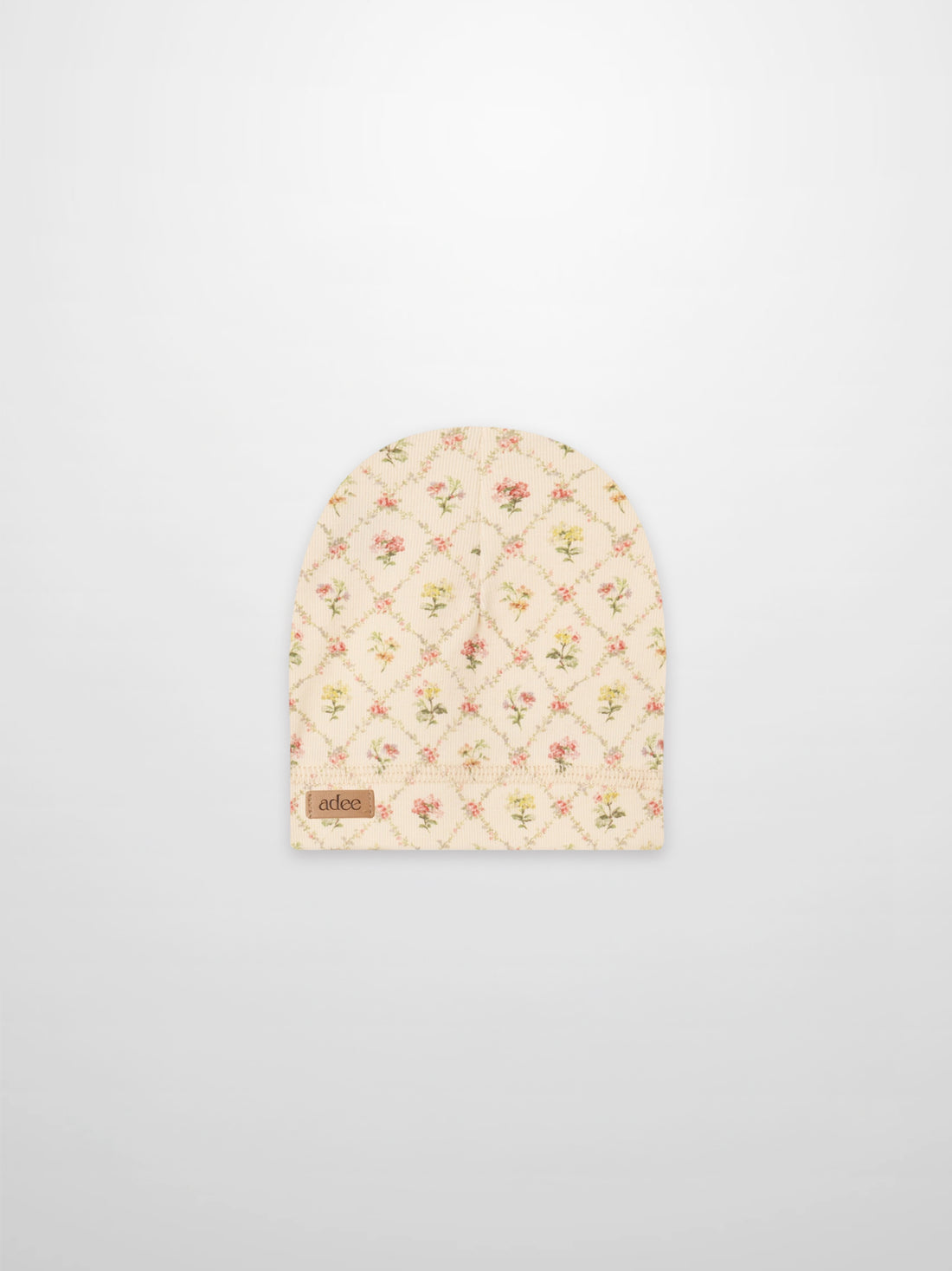 Flower Garden Hat for girls, off-white knit baby hat with pink/yellow floral lattice pattern, Adee tag