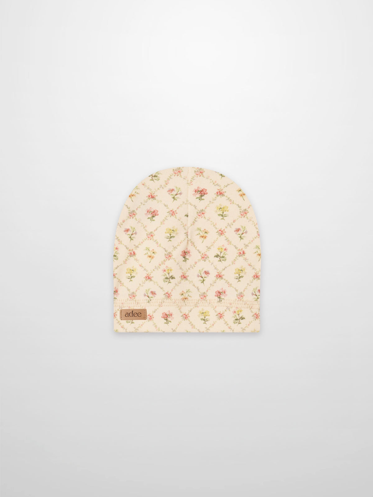 Flower Garden Hat for girls, off-white knit baby hat with pink/yellow floral lattice pattern, Adee tag