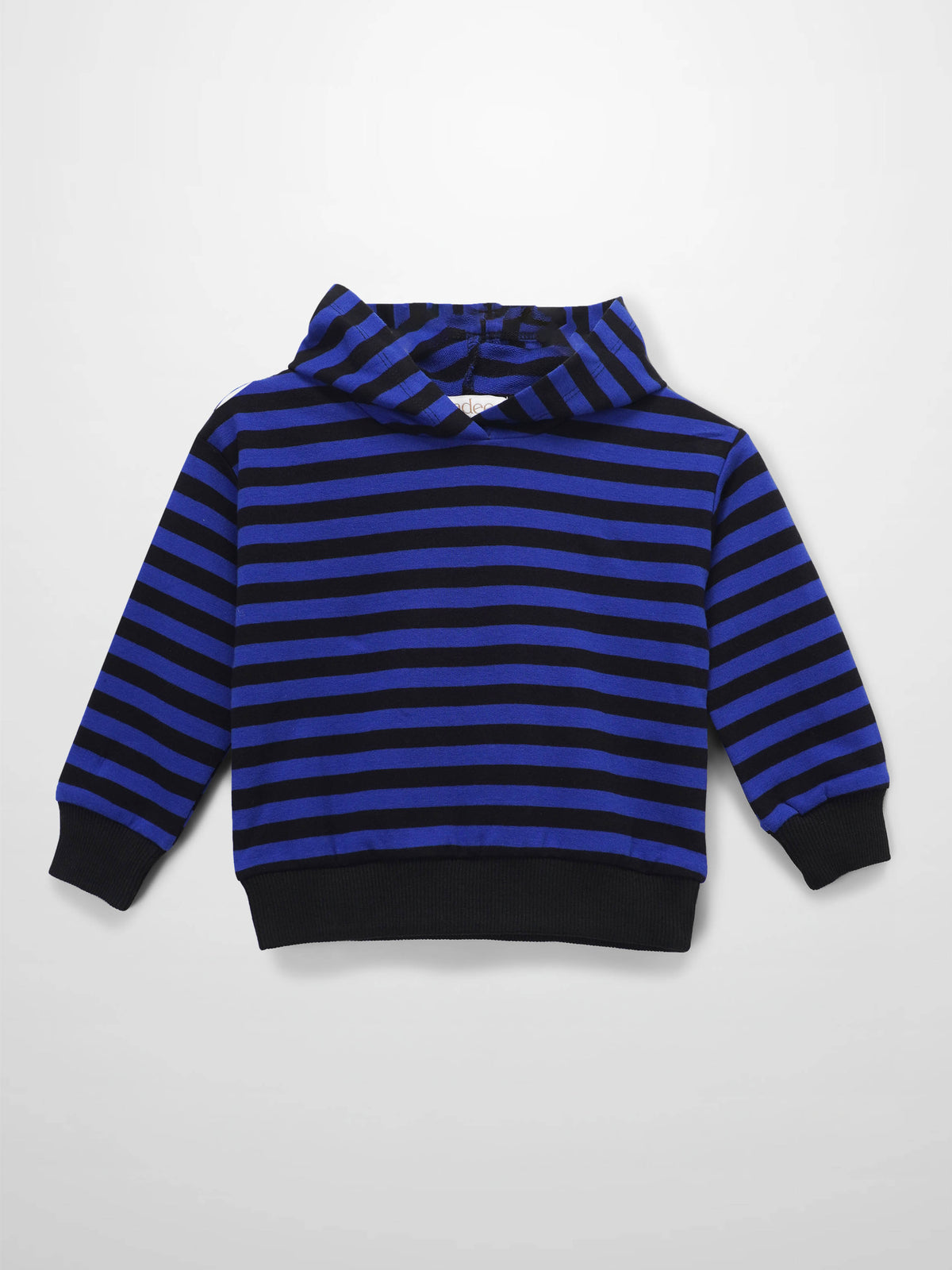 Blue and black striped hoodie with ribbed black cuffs and hem for boys.