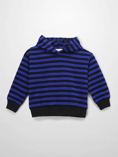 Blue and black striped hoodie with ribbed black cuffs and hem for boys.