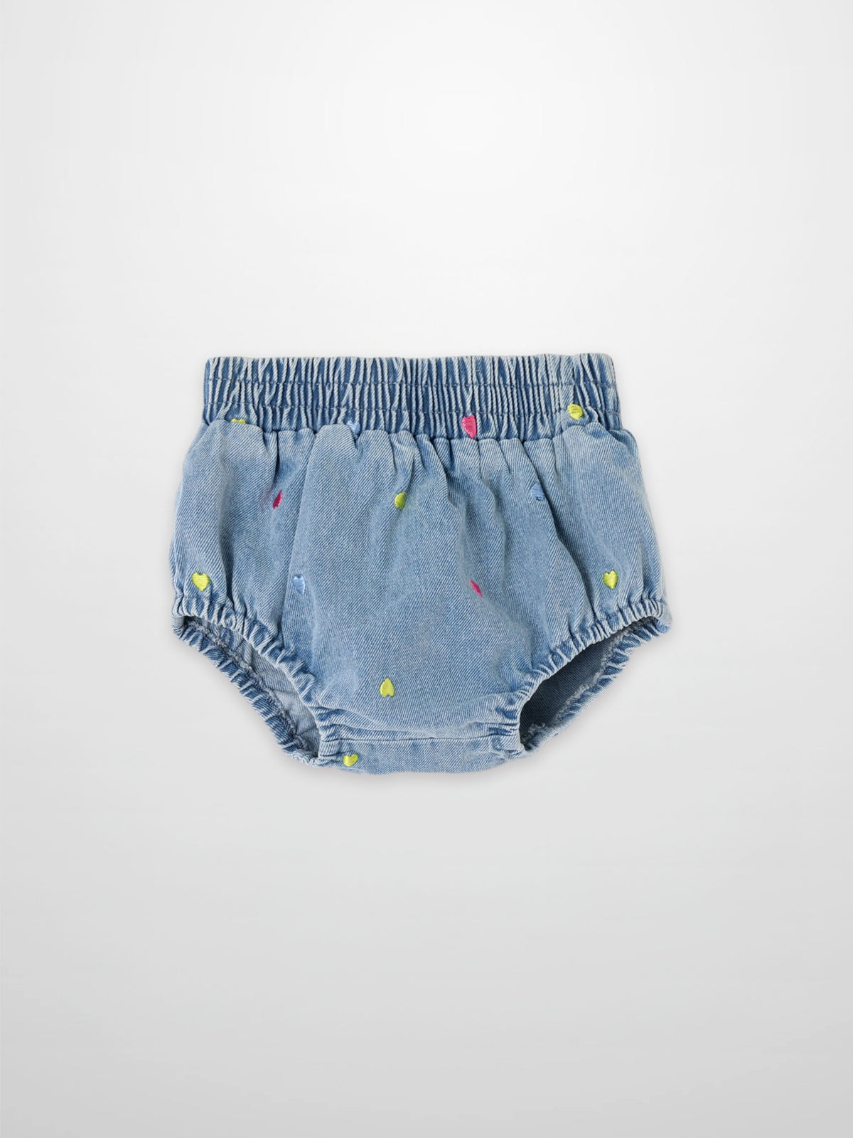 Embroidered Heart Denim Bloomers for girls by Adee, blue denim with colorful heart embroidery.