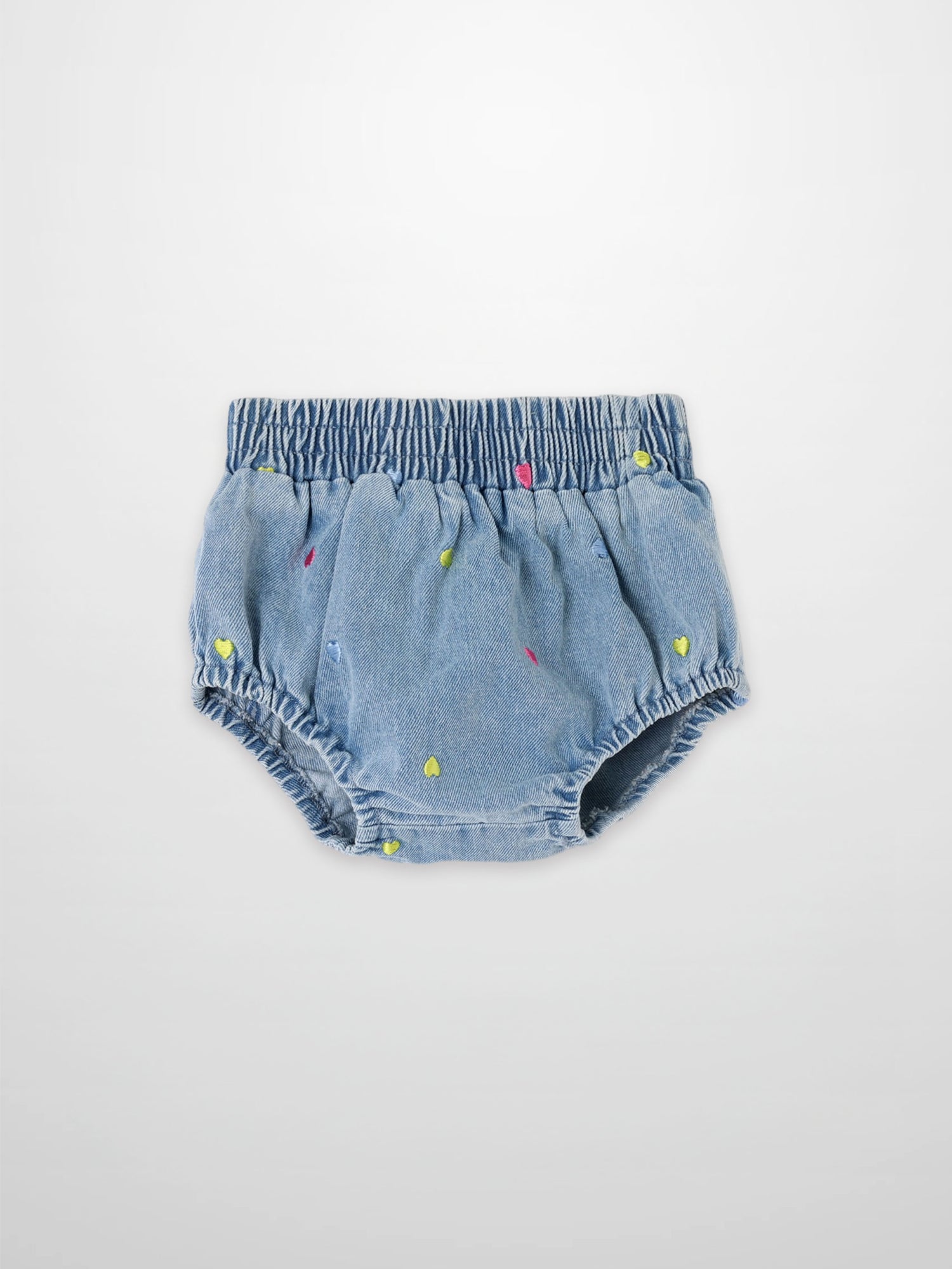 Embroidered Heart Denim Bloomers for girls by Adee, blue denim with colorful heart embroidery.