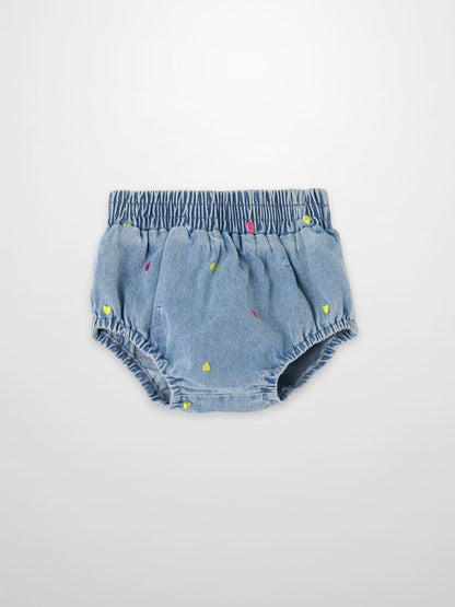 Embroidered Heart Denim Bloomers for girls by Adee, blue denim with colorful heart embroidery.