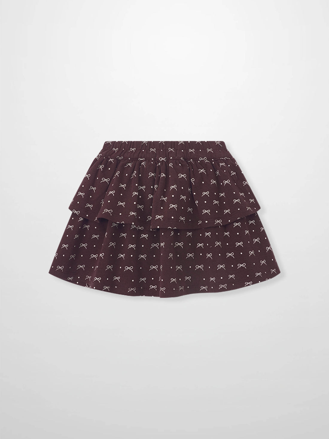 Burgundy Bow Layered Skirt for girls by Adee; bow-pattern print on layered tiers