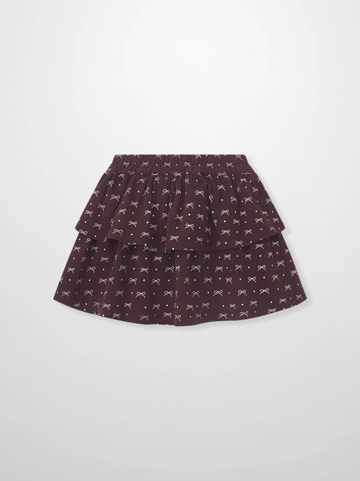 Burgundy Bow Layered Skirt for girls by Adee; bow-pattern print on layered tiers