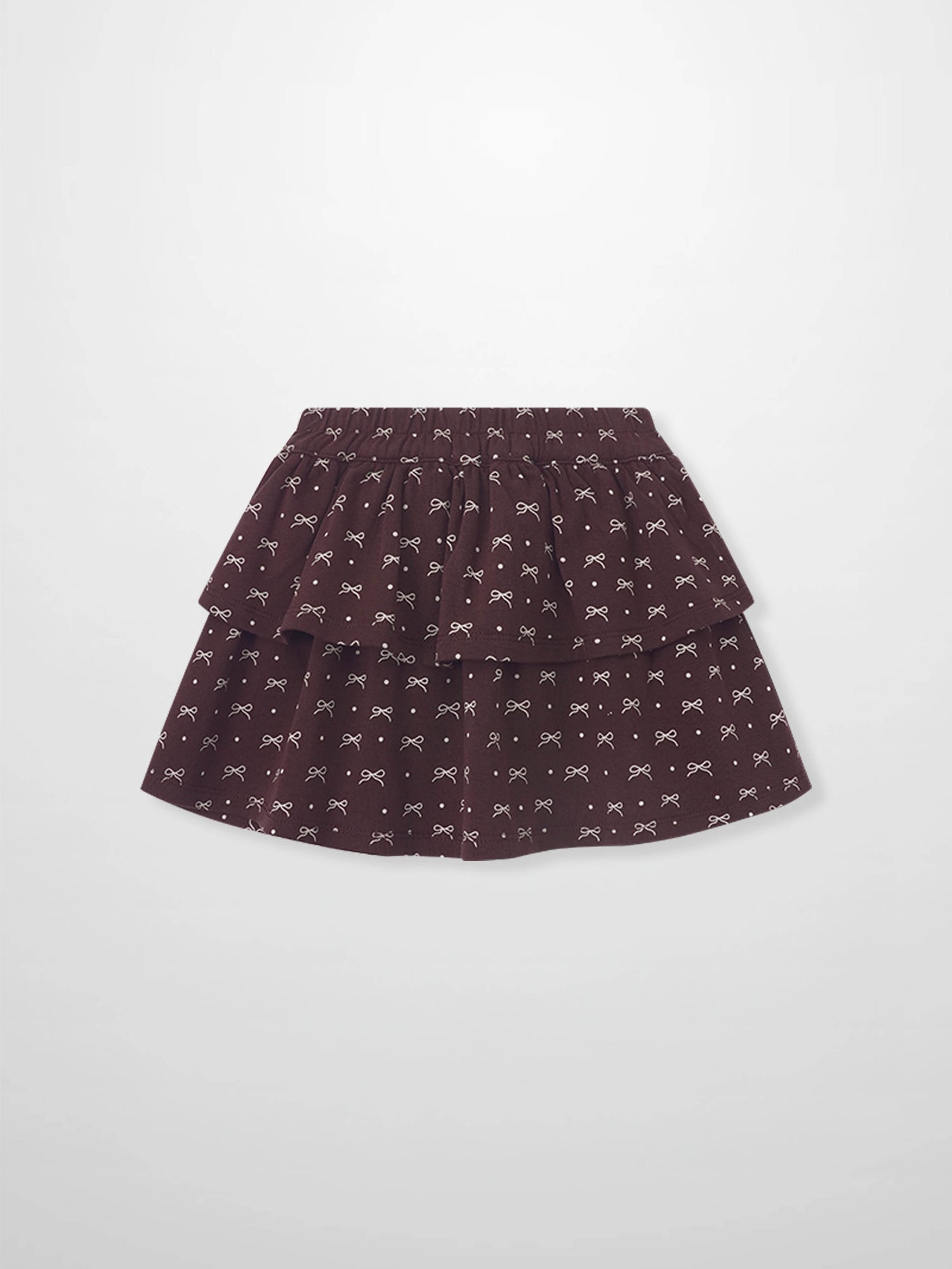Burgundy Bow Layered Skirt for girls by Adee; bow-pattern print on layered tiers