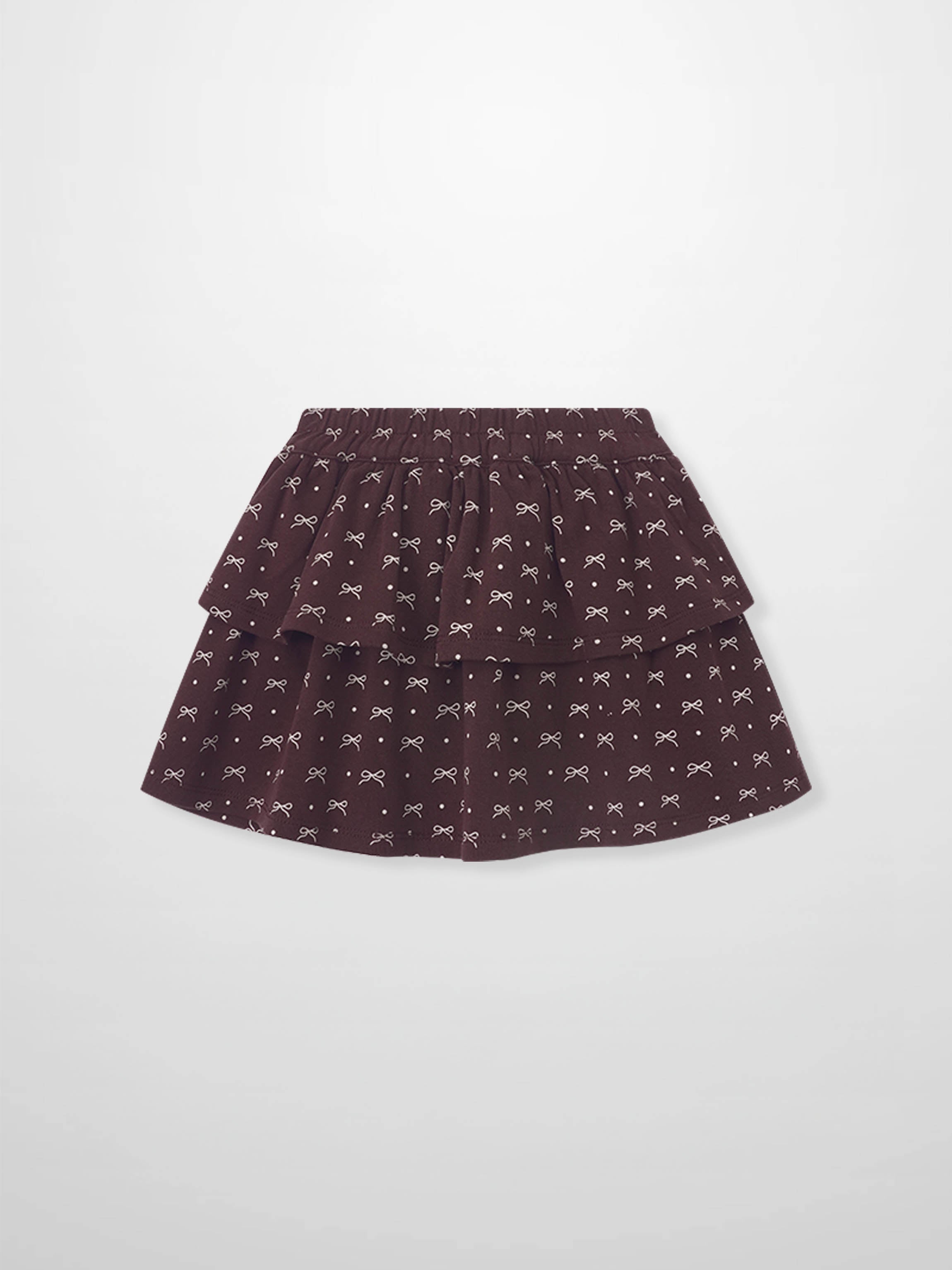 Burgundy Bow Layered Skirt for girls by Adee; bow-pattern print on layered tiers