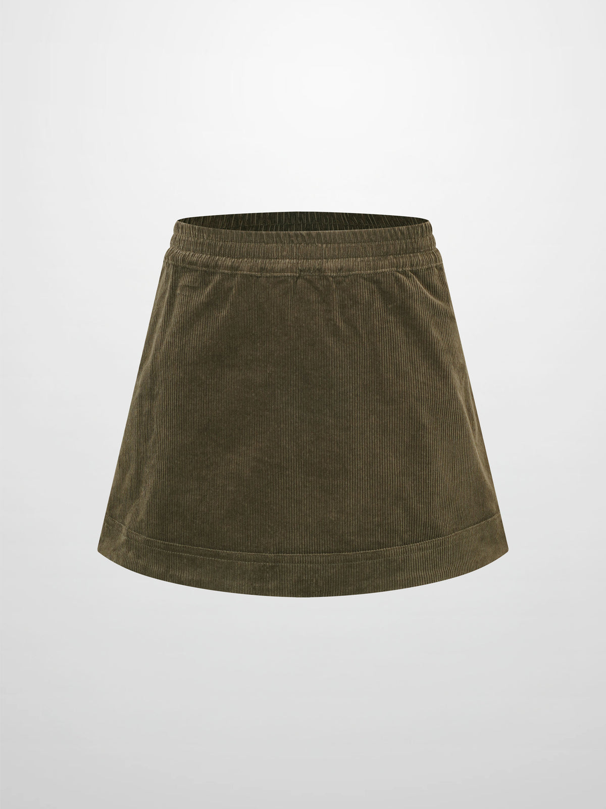 Corduroy Skirt - Green in forest green with elastic waistband and gentle gathers, A-line silhouette.