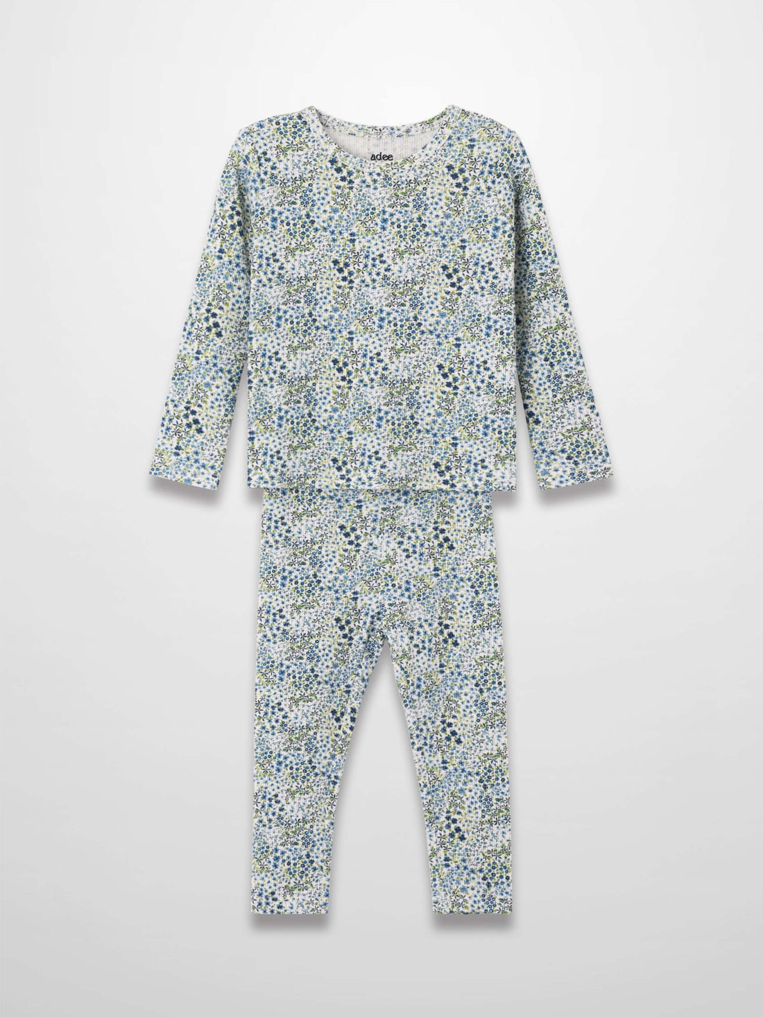 Blue floral pajamas set with long-sleeve top and full-length pants in a small blue-green floral print.