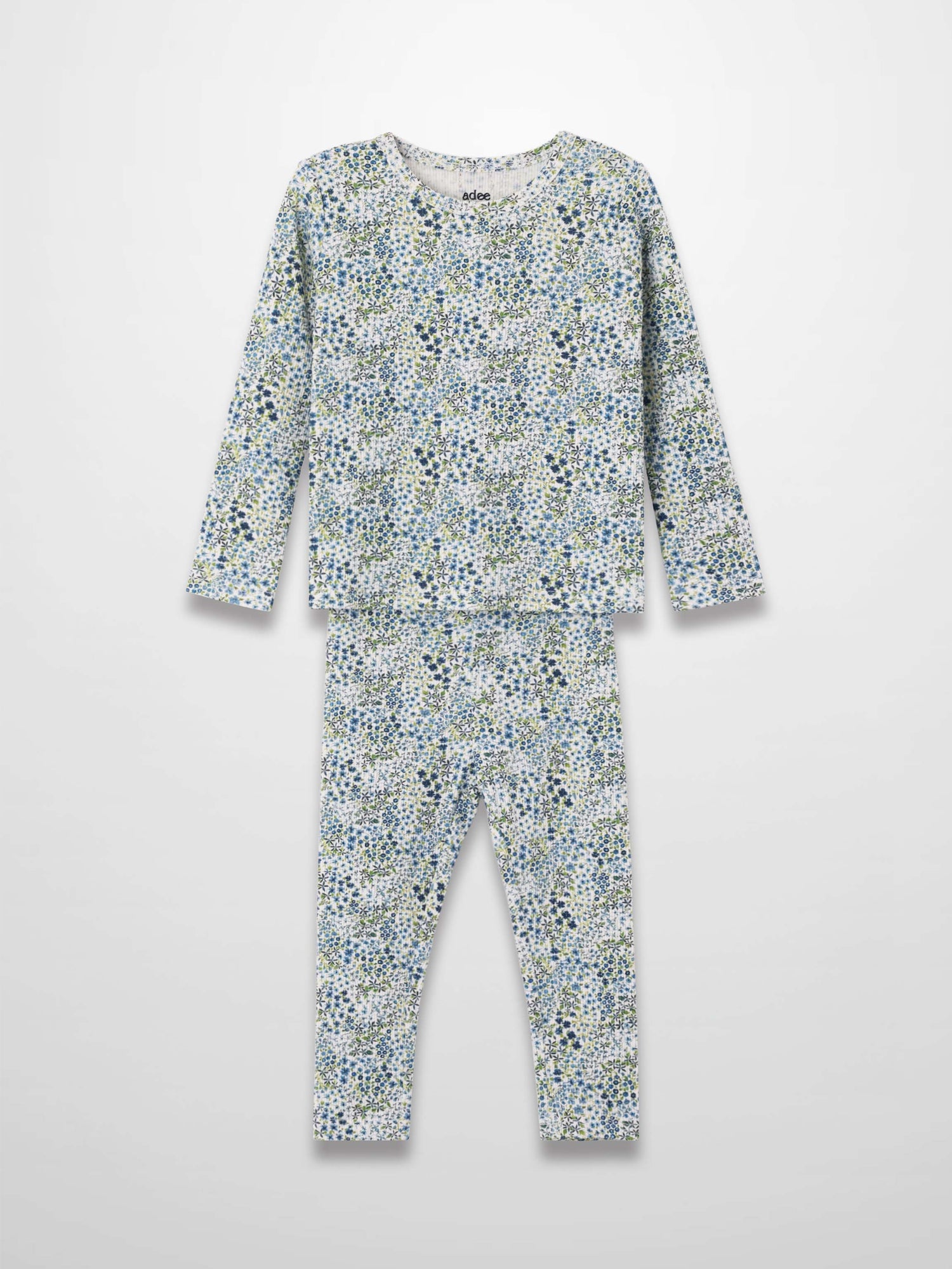 Blue floral pajamas set with long-sleeve top and full-length pants in a small blue-green floral print.