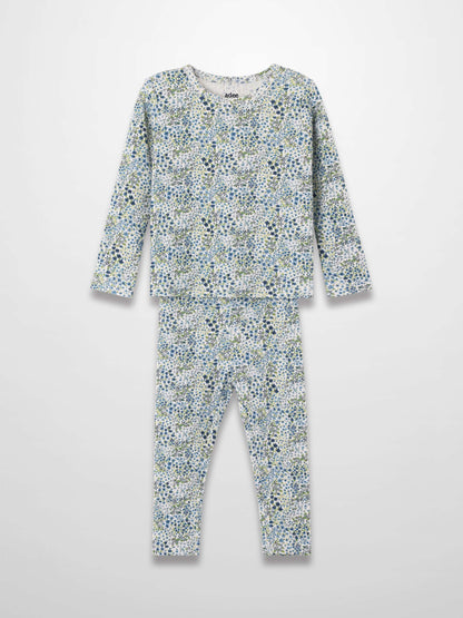 Blue floral pajamas set with long-sleeve top and full-length pants in a small blue-green floral print.