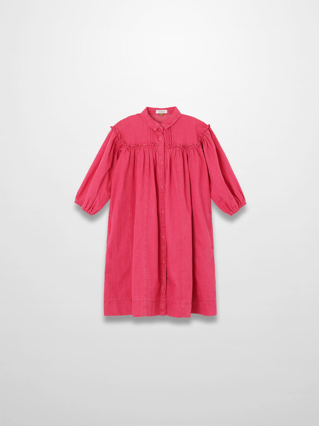 3/4-sleeve pink denim dress with button-front and gathered yoke detailing.