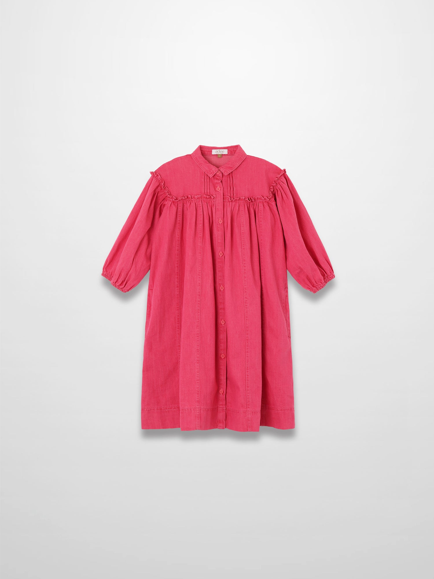 3/4-sleeve pink denim dress with button-front and gathered yoke detailing.