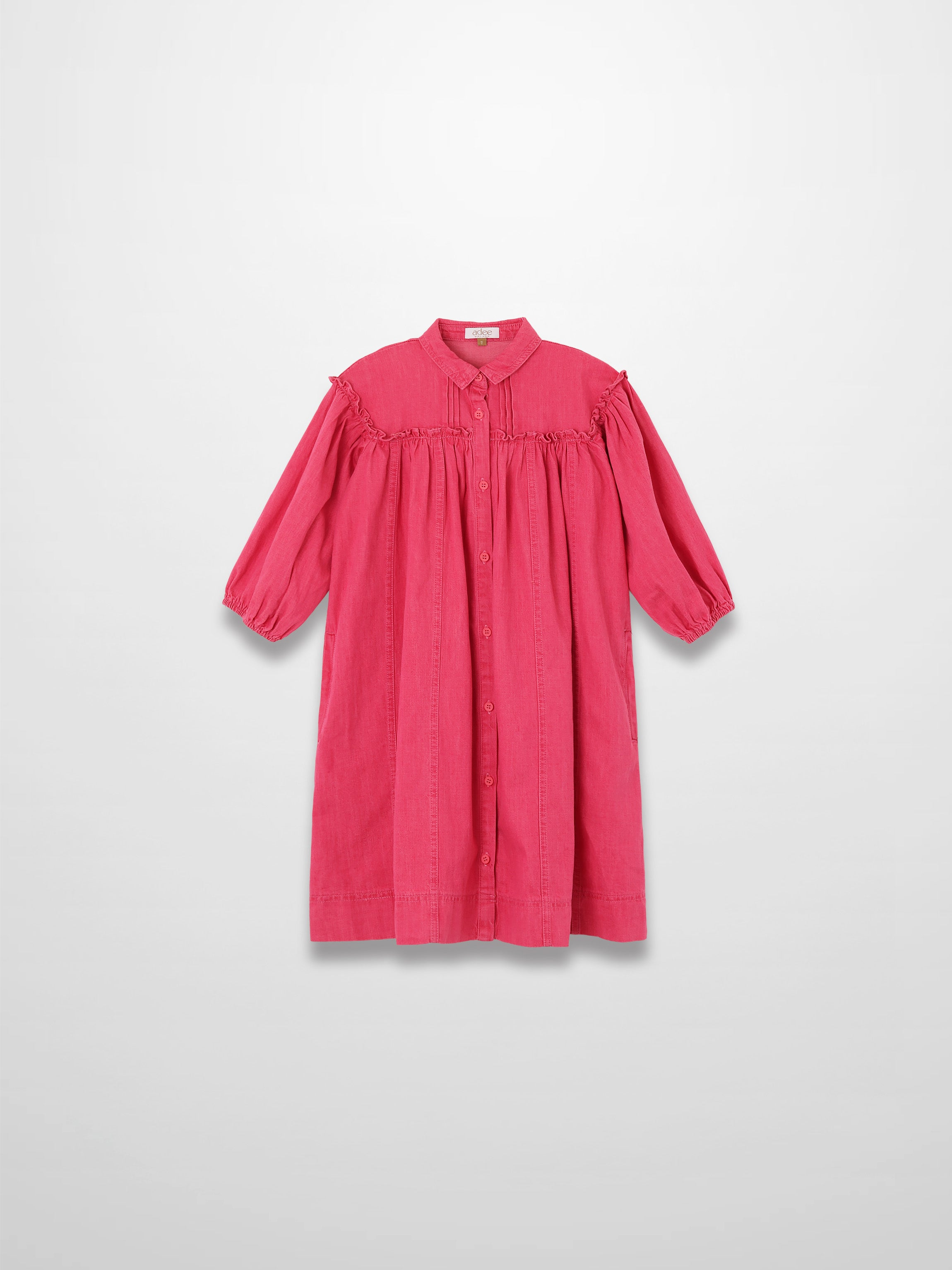 3/4-sleeve pink denim dress with button-front and gathered yoke detailing.