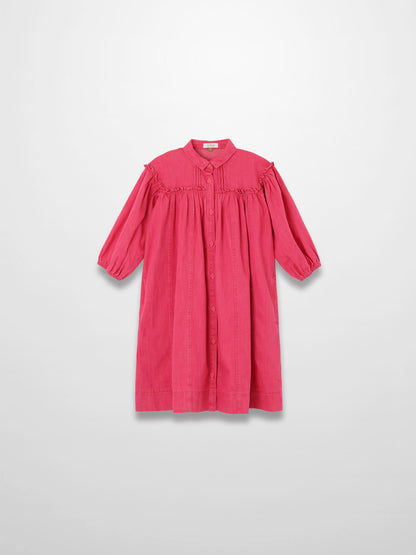 3/4-sleeve pink denim dress with button-front and gathered yoke detailing.
