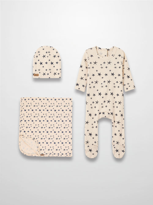 Star Layette Set for boys; light beige star-print cotton 3-piece with hat, blanket, and footed sleeper by Adee