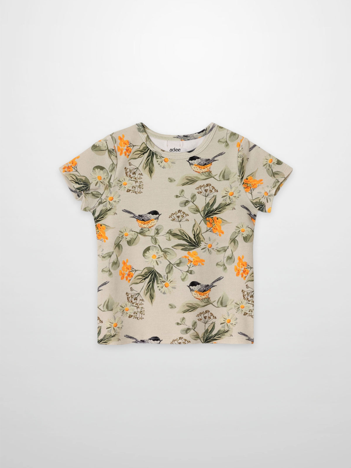 Garden Finch Short Sleeve T-Shirt, beige with orange flowers and birds; Adee girls top.