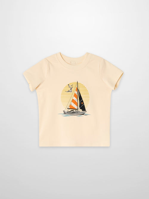 Golden Sail T‑Shirt for boys by Adee, beige short-sleeve top with sailboat graphic