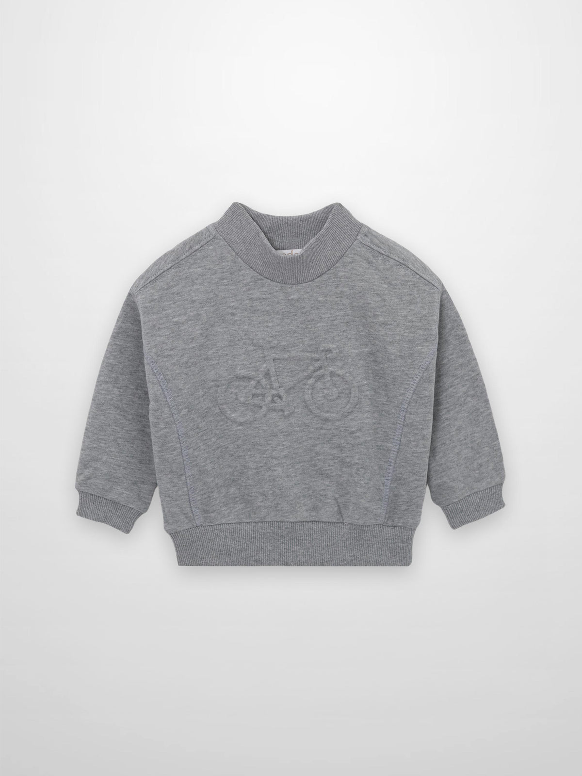 Grey Bike Sweatshirt with subtle bicycle graphic, ribbed cuffs and hem, cozy fleece.