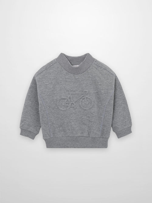 Grey Bike Sweatshirt with subtle bicycle graphic, ribbed cuffs and hem, cozy fleece.