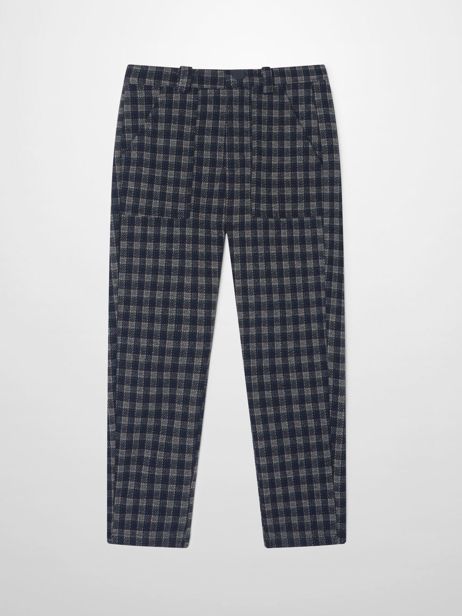 Plaid navy dress pants for boys, full-length with belt loops and front button.