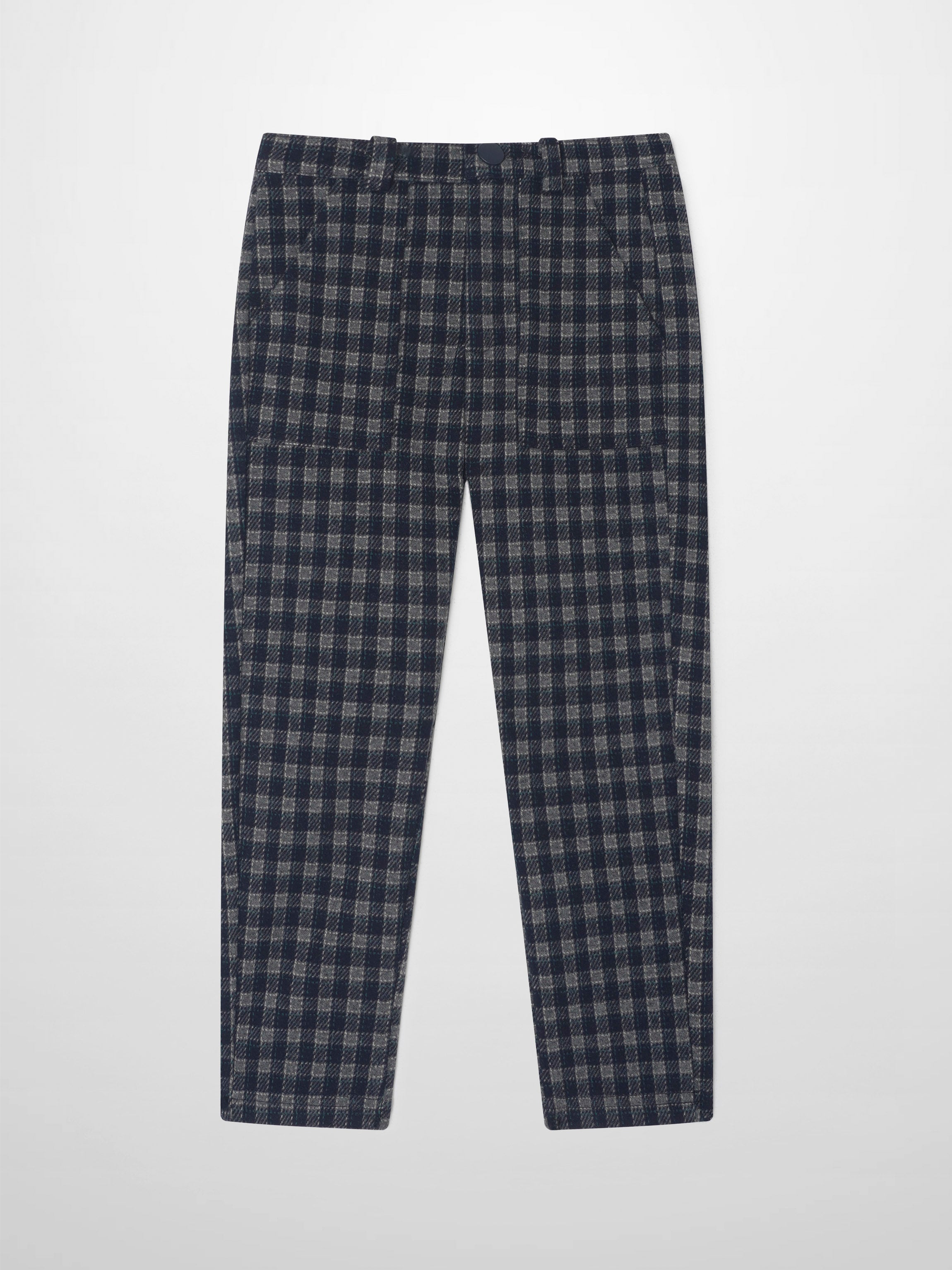Plaid navy dress pants for boys, full-length with belt loops and front button.