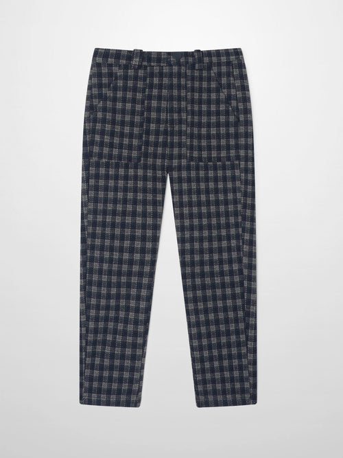 Plaid navy dress pants for boys, full-length with belt loops and front button.