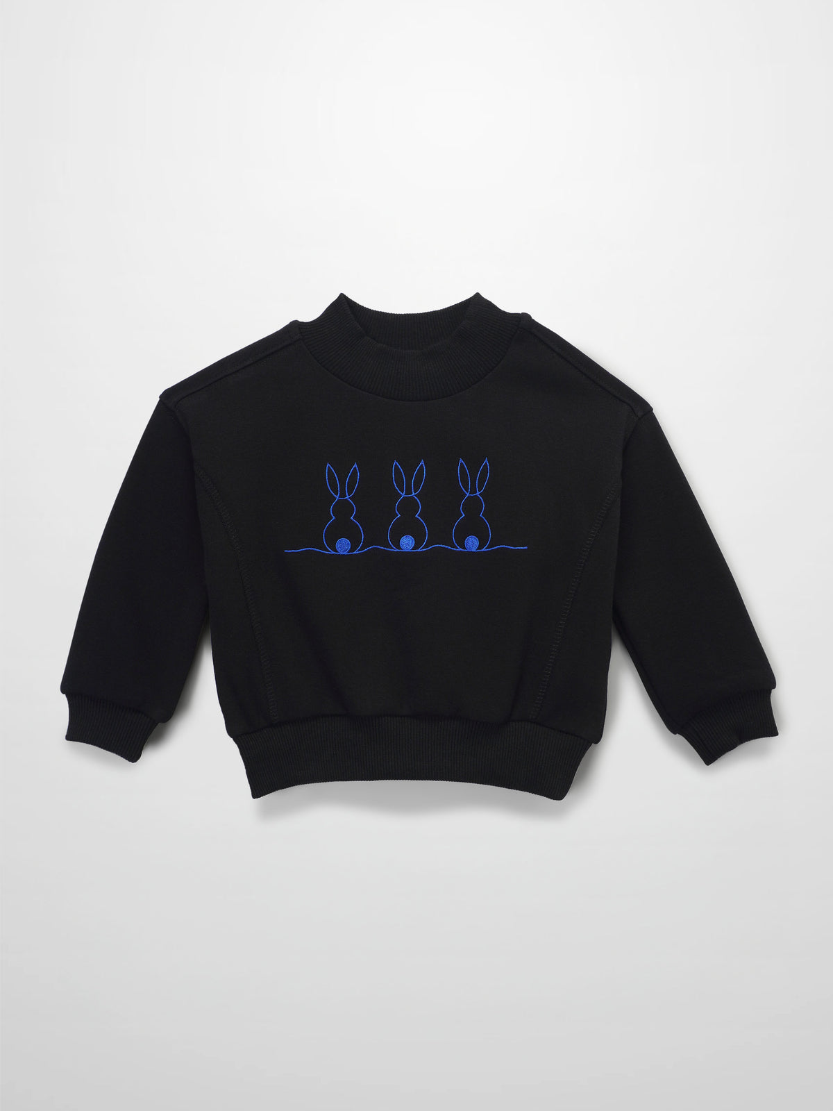 Black sweatshirt with blue embroidery of three bunnies on a horizontal line.