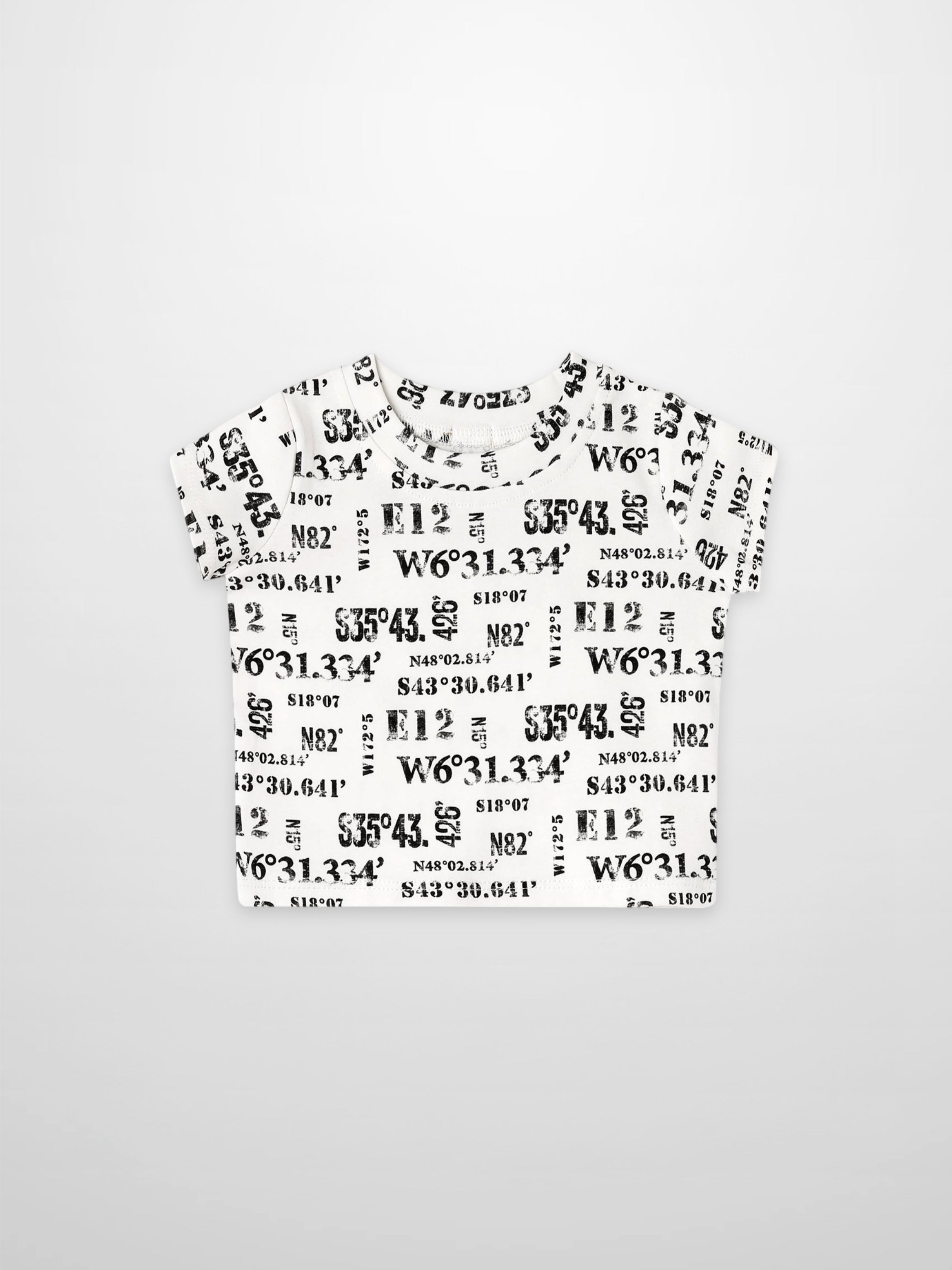 Number Print T-shirt for boys in white with black coordinate-style numbers.