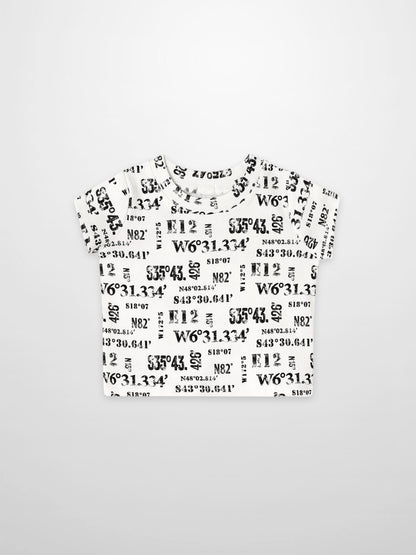 Number Print T-shirt for boys in white with black coordinate-style numbers.