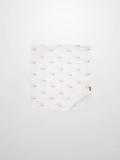 Pink balloon-print receiving blanket by Adee with lace trim