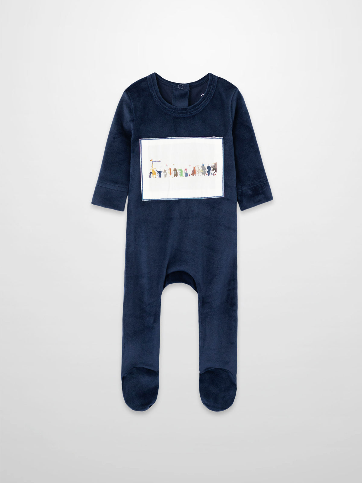 Animal Band Stretchy Navy plush velour baby footie with embroidered animal band panel.