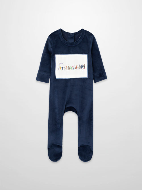 Animal Band Stretchy Navy plush velour baby footie with embroidered animal band panel.