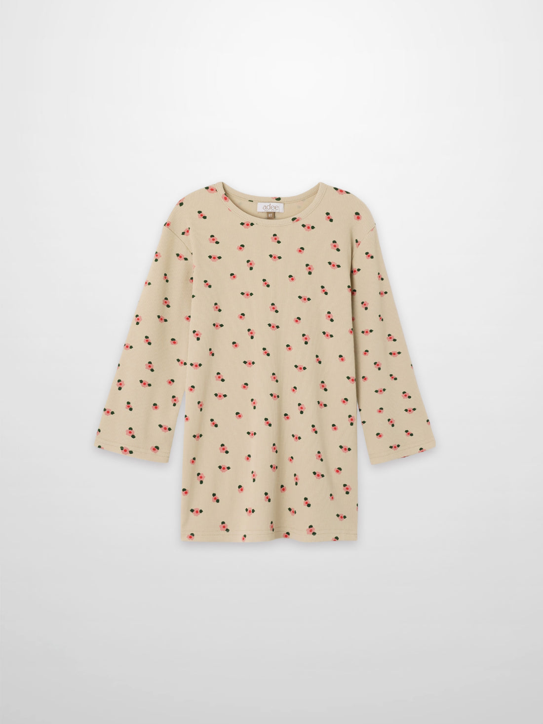Tan floral T-shirt for girls by Adee with 3/4 sleeves and pink blossoms