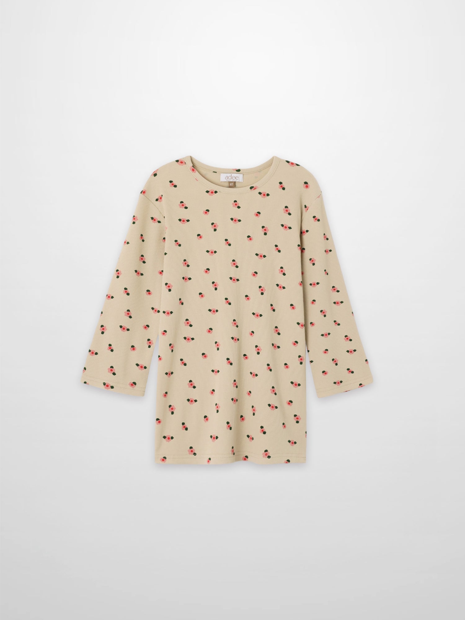 Tan floral T-shirt for girls by Adee with 3/4 sleeves and pink blossoms