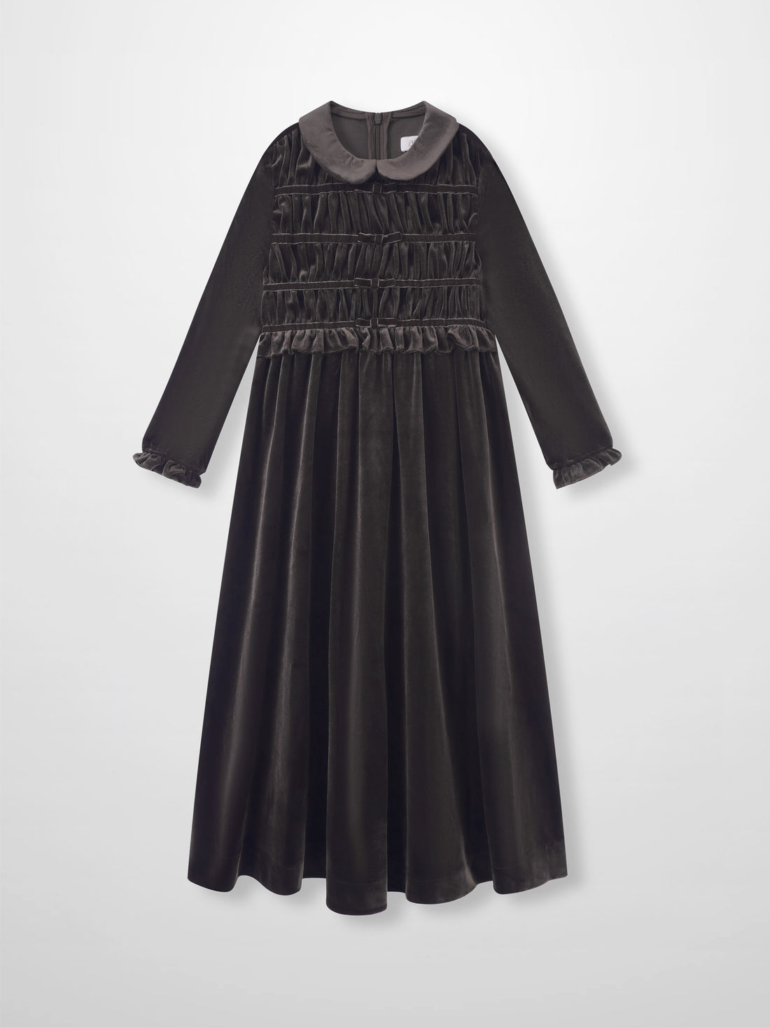 Adee Velour Smocked Robe dress for girls, brown velvet with a gray collar and gathered panels
