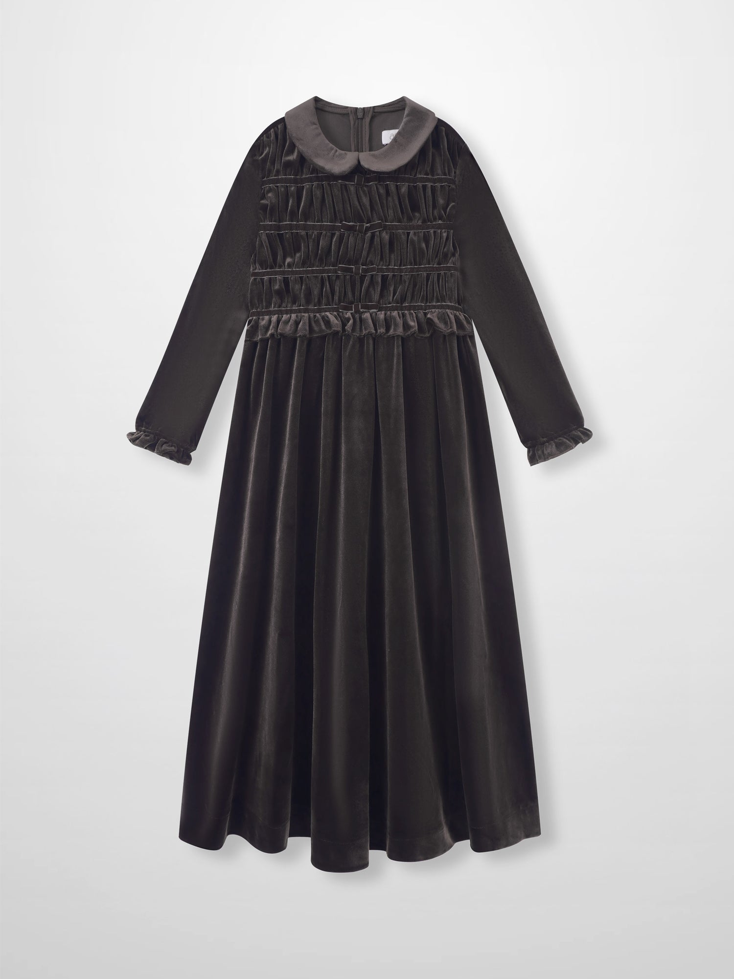 Adee Velour Smocked Robe dress for girls, brown velvet with a gray collar and gathered panels