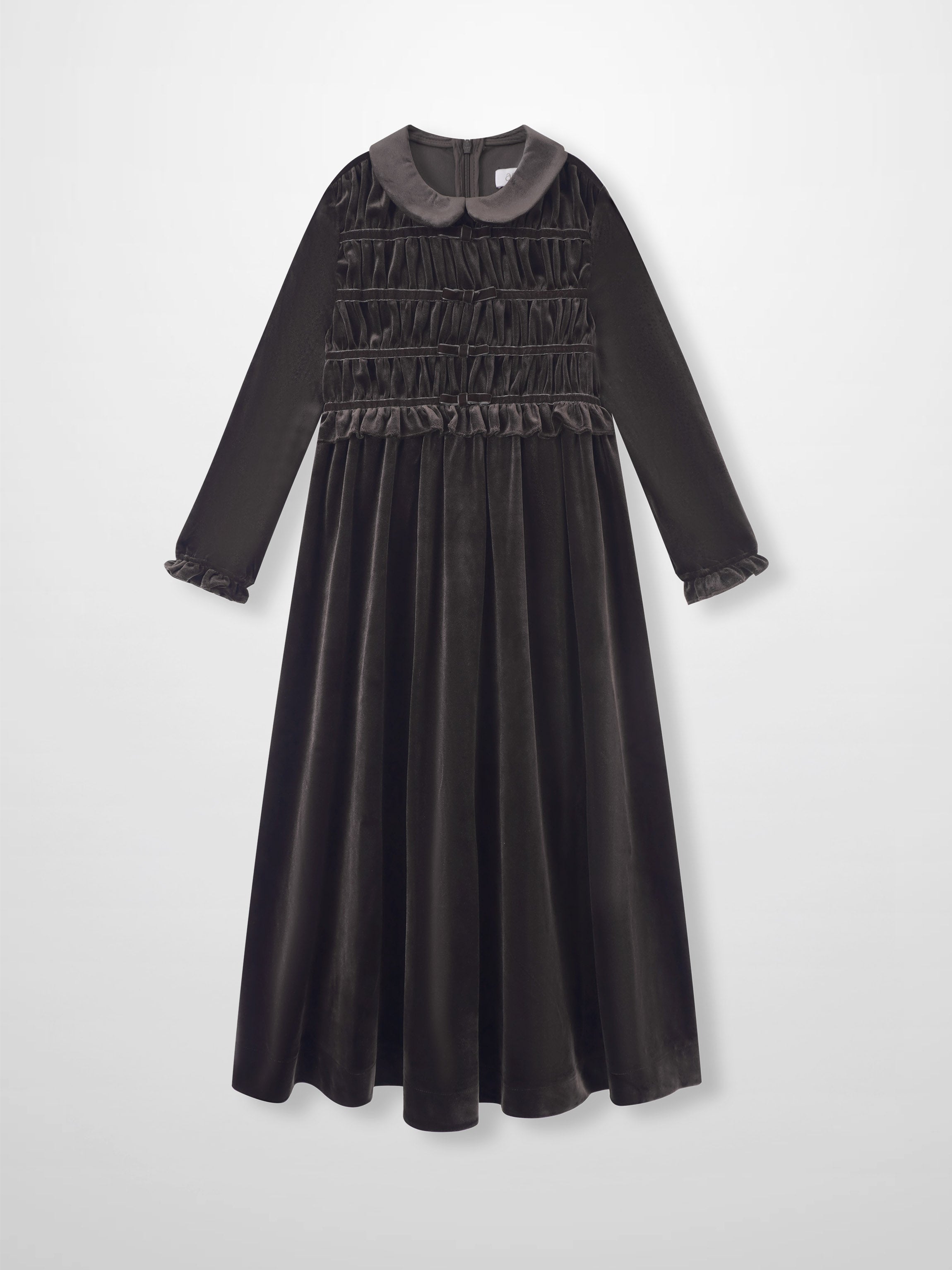Adee Velour Smocked Robe dress for girls, brown velvet with a gray collar and gathered panels