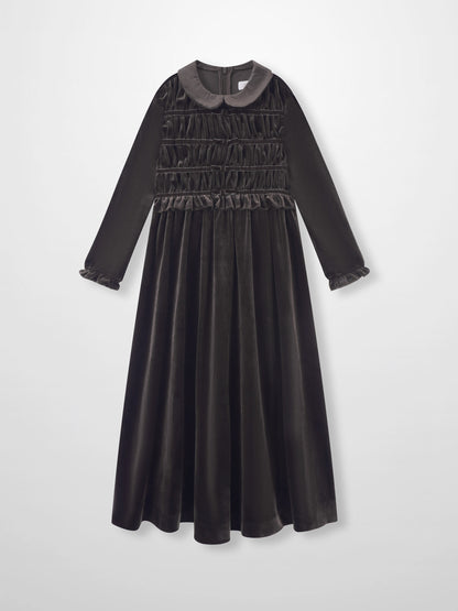 Adee Velour Smocked Robe dress for girls, brown velvet with a gray collar and gathered panels