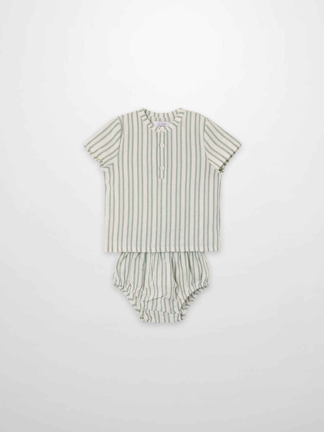 Green striped shirt and bloomers set for little boys by Adee, dressy apparel.